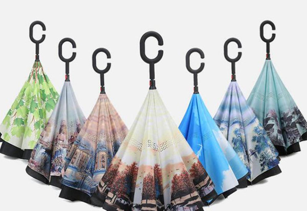 C-Hand Reverse Umbrellas Windproof Reverse Double Layer Inverted Umbrella Inside Out Self Stand Windproof Umbrella 40 design