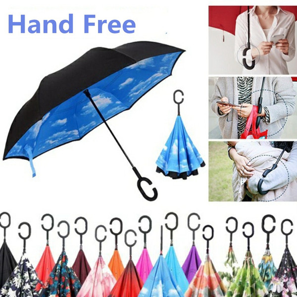 Flower Pattern Umbrellas Inverted Umbrella Sunny Rainy Folding Umbrellas C Handle Double Layer Self Stand Inside Out Reverse Windproof