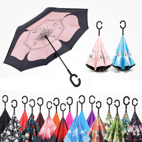 Umbrella High Quality Wholesale C Handle Umbrellas Windproof Reverse Folding Double Layer Inverted Sunny Rainy Umbrella free stand C-Hook