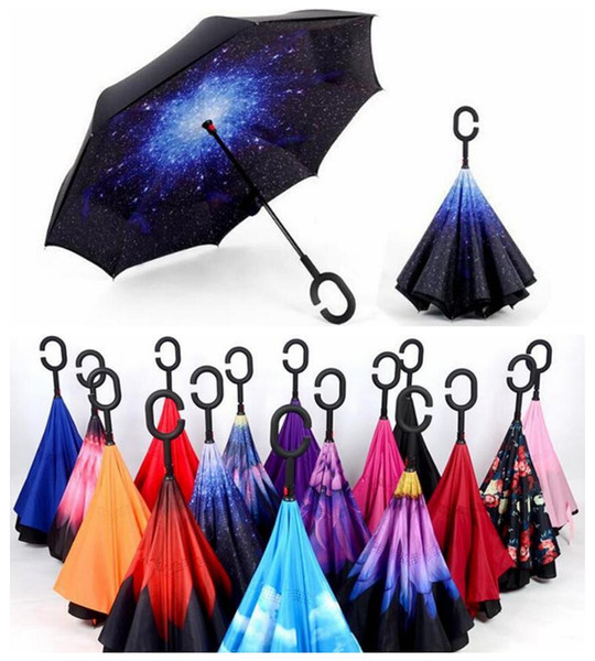 High Quality 61 Colors Windproof Reverse Folding Double Layer Inverted Umbrella Self Stand Inside Out Rain Protection C-Hook Hands Umbrellas