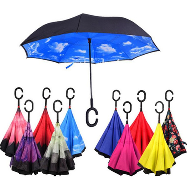 Popular Creative Inverted Umbrellas 34 colors Double Layer With C Handle Inside Out Reverse Windproof Umbrella via DHL Free