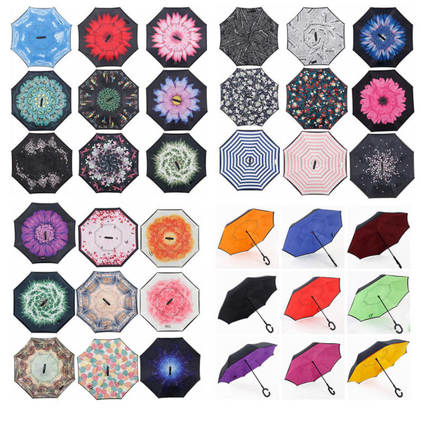 Creative Inverted Umbrella Sun Rain Long-Handled Umbrella Reverse Windproof Double Layer Inverted Chuva Umbrella C-Hook Hands SF96