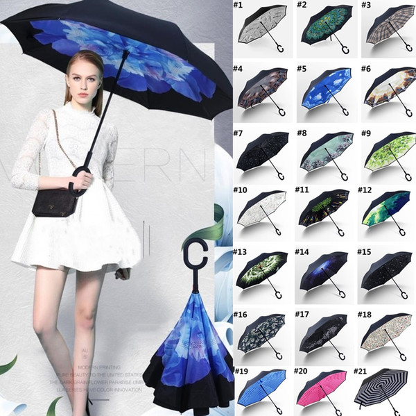 New Folding Reverse Windproof Umbrella 63 Styles Double Layer Inverted Long Handle Windproof Rain Car Umbrellas C Handle Umbrellas T2I384