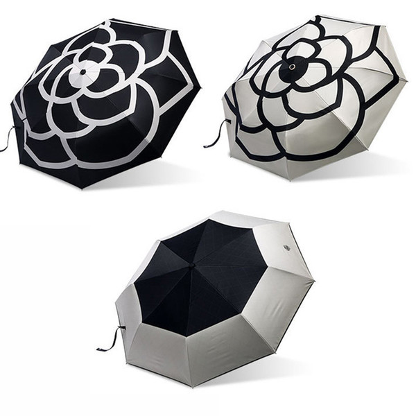 New Arrival Camellia Flower Umbrellas Women Three-folding Umbrella UV Protection Rain Umbrella Gifts 2Colors White And Black TY7-279