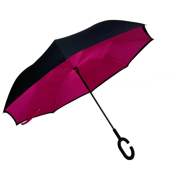 Creative inverted umbrellas double layer with C handle or J handle inside out reverse Windproof umbrella