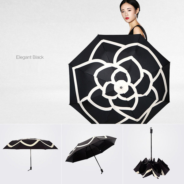 21 inch creative Camellia umbrella Outdoor vinyl rubber handle 3folding umbrellas rain women Fashion elegant luxury