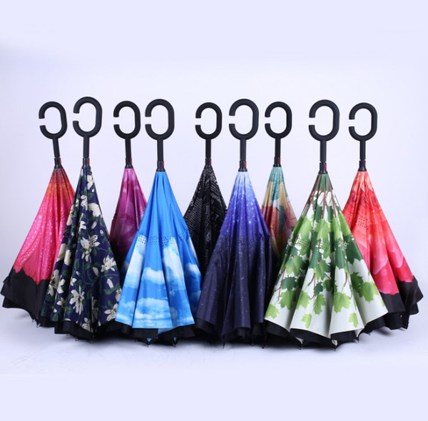 C-Hand Windproof Reverse Double Layer Inverted Umbrella Inside Out Self Stand Windproof Special Umbrella for Automobile Umbrella 37 design