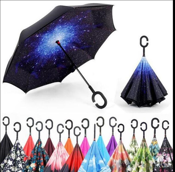 60PCS C-Hand Windproof Reverse Double Layer Inverted Umbrella Inside Out Self Stand Windproof Umbrella 50 designs