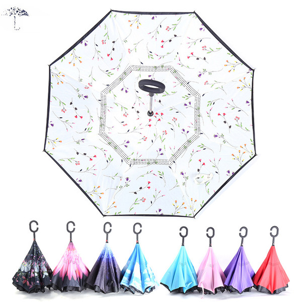 Inverted Umbrella Double Layer Car Umbrellas Reverse Rainy Sunny Umbrella with C Handle J Handle Self Standing Inside Out Special Design Fre