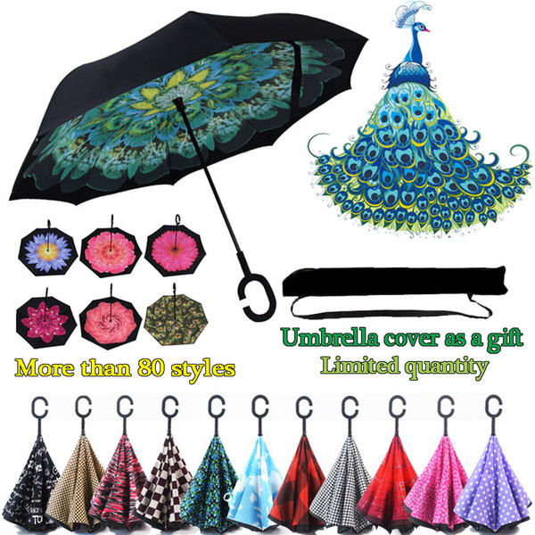 Wholesale Creative Inverted Umbrellas C Handle Windproof Reverse Folding Double Layer Inverted Sunny Rainy C-Hook handsfree Umbrella for car