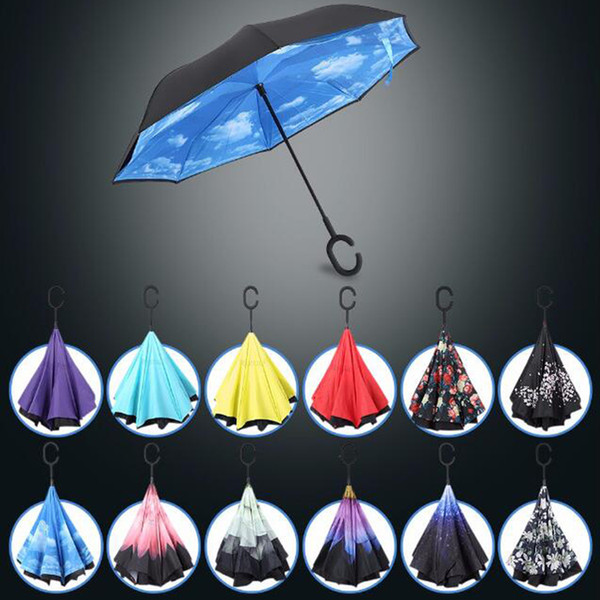 Creative Inverted Umbrellas 34 colors Double Layer With C Handle Inside Out Reverse Windproof Umbrella via DHL Free