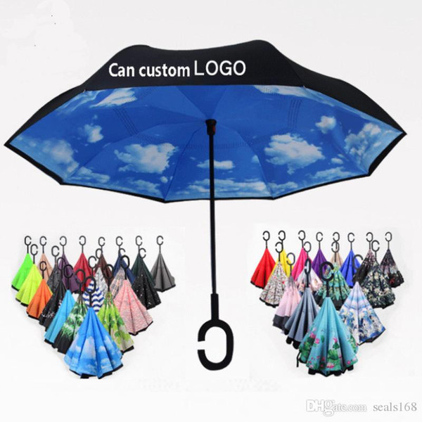 56 Styles Folding Reverse Umbrella Double Layer C Handle Umbrellas Unisex Inverted Long Handle Windproof Rain Car Umbrellas Gifts HH7-1950