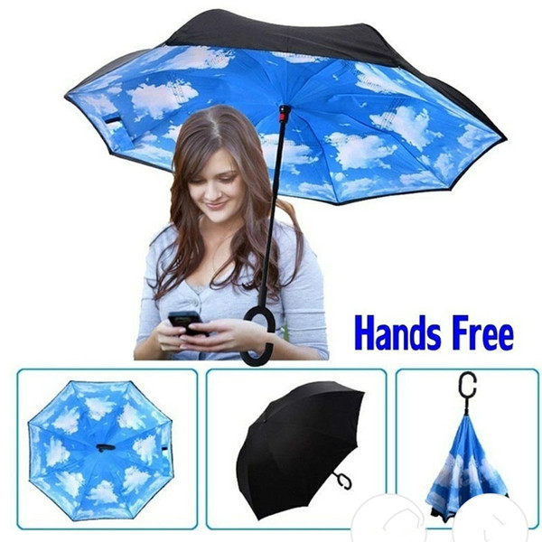 Umbrella Wholesale 64 Patterns Sunny Rainy Umbrella Reverse Folding Inverted Umbrellas With C Handle Double Layer Inside Out Windproof