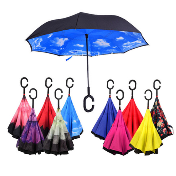 Windproof Reverse Folding Double Layer Inverted Umbrella Self Stand Inside Out Rain Protection C Hook Hands For Car LLFA