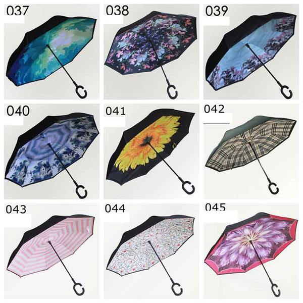 Double Layer Inverted Umbrella Reverse Rainy Sunny Umbrella with C Handle Self Standing Inside Out Special Design C-Hook Hands 63 colors