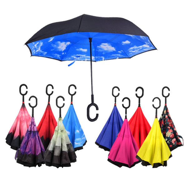 2019 Creative Inverted Umbrellas Double Layer With C Handle Inside Out Reverse Windproof Umbrella 84 styles 50pcs