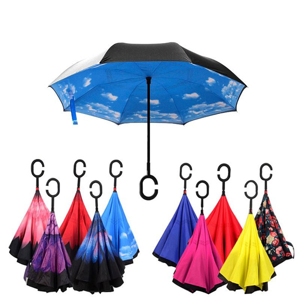 Windproof Reverse Folding Double Layer Inverted Chuva Umbrella Self Stand Rain Protection C-Hook Hands For Car