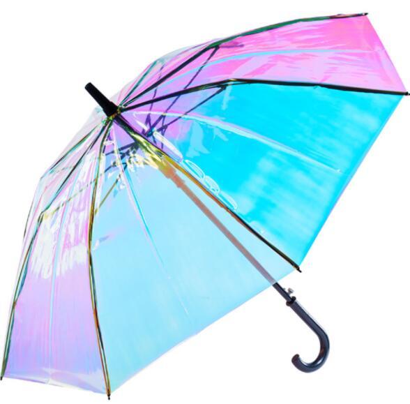 DHL Laser Transparent Umbrella Rain Sunshade Long Handle Colorful Gradient Plastic PVC Holographic Umbrellas Outdoor Travel Umbrella