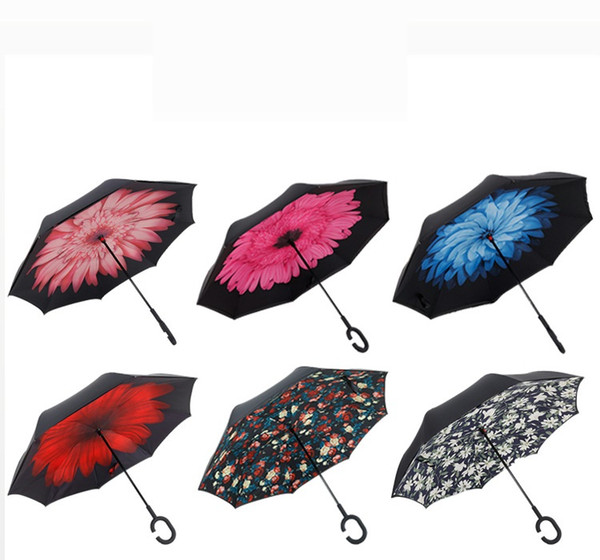 Inverted Umbrella Double Layer Reverse Rainy Sunny Umbrella with C Handle J Handle Self Standing Inside Out Special Design h111