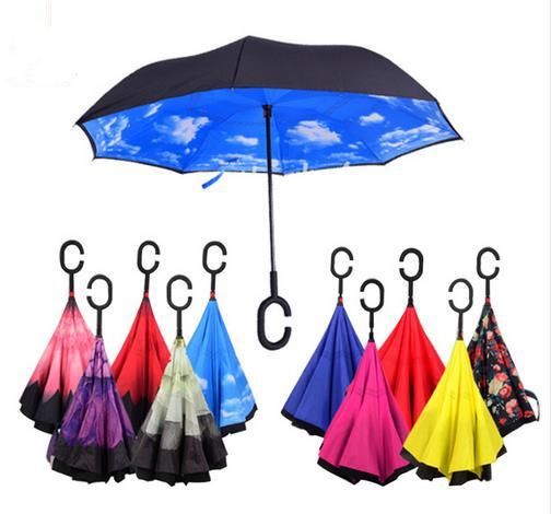 Portable Double Layer Reverse Umbrellas Self Stand Inside Out Windproof Rain Protection Umbrella with C Hook Hands Beach Bumbershoot