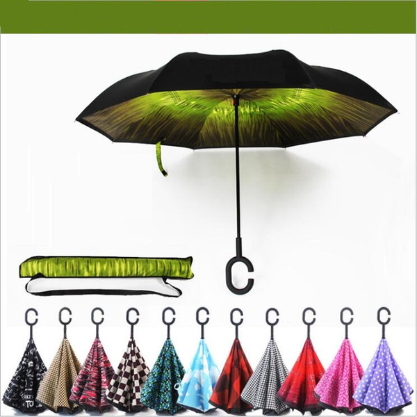 Auto close Umbrella Wholesale C Handle Umbrellas Windproof Reverse Folding Double Layer Inverted Sunny Rainy C-Hook Umbrella for car DHLFree