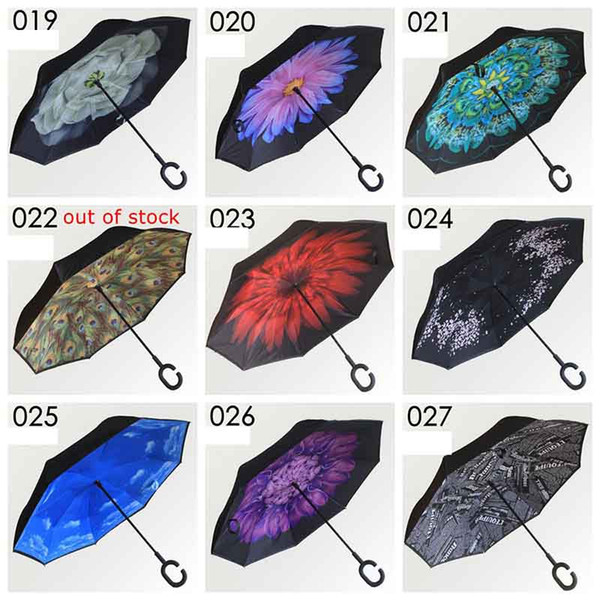 Double Layer Inverted Umbrella Reverse Rainy Sunny Umbrella with C Handle Self Standing Inside Out Special Design C-Hook Hands 63 colors