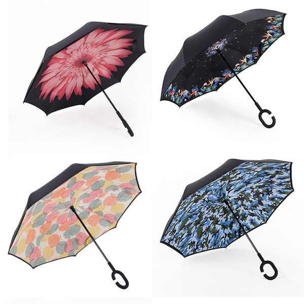 High Quality Windproof Reverse Folding Double Layer Inverted Chuva Umbrella Self Stand Inside Out Rain Protection C-Hook Hands