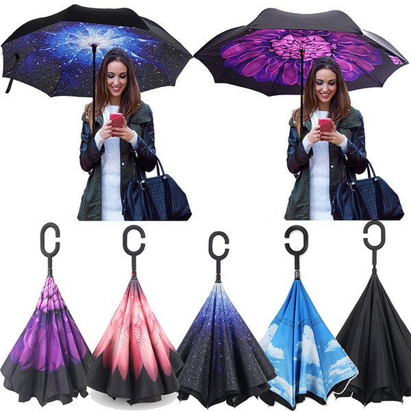 Creative Inverted Umbrellas Double Layer With C Handle Inside Out Reverse Windproof Umbrella 38 colors free shipping 170426