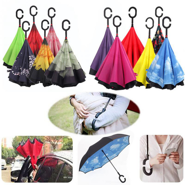 C-Hand Windproof Reverse Double Layer Inverted Umbrella Inside Out Self Stand Windproof Umbrella 84 styles 40pcs