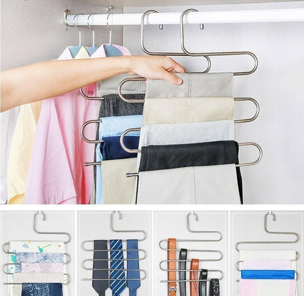 Stainless Steel Trousers Hanger - 5 Layers S Shape Multifunction Pants Storage Hangers Closet Belt Holder Rack Saving Space