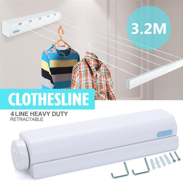 3.2m ABS Clothesline 4 Lines Rope Auto Roll Up Washing Indoor Space Saving Retractable Clothesline Indoor Outdoor Clothes Dryer