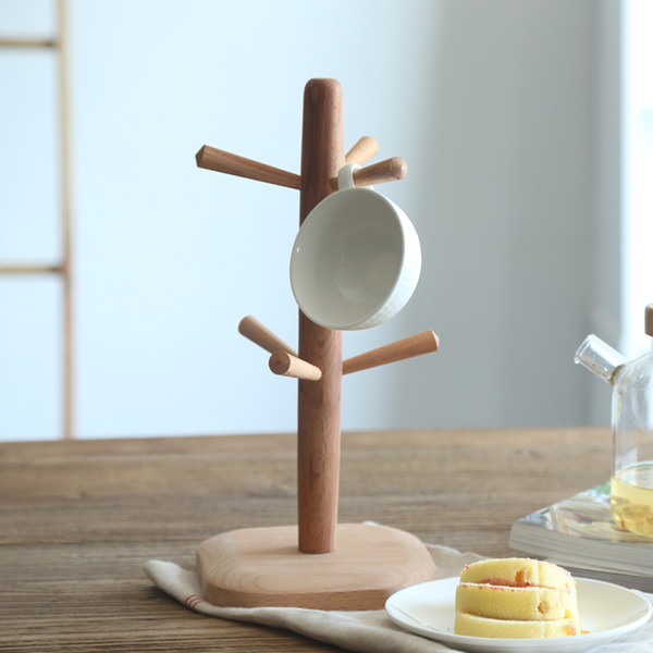 6 Hooks Dehydrated dried Mug Holder Storage Tree Wooden Coffee Cup Racks Hanging Kitchen Accessories Bottle Stand