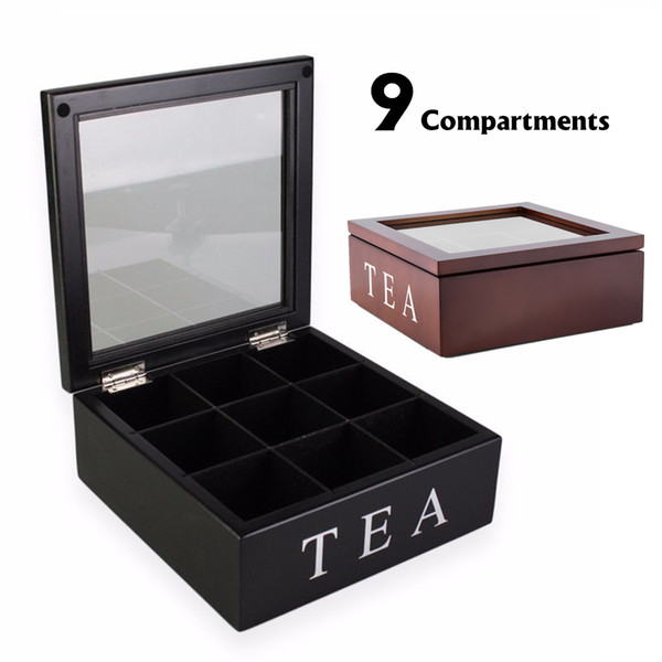 9 Grids Wooden Tea Box Kitchen Organizer Transparent Glass Top Lid Tea Bags Container Storage Box Square Gift Box Case 2 Colors C19022701