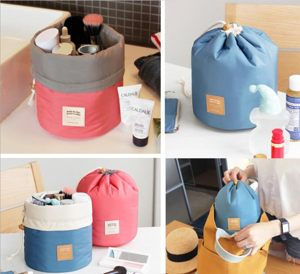 Korean elegant large capacity Barrel Shaped Nylon Wash Organizer Travel Dresser Pouch Cosmetic Makeup Storage Bag For Women