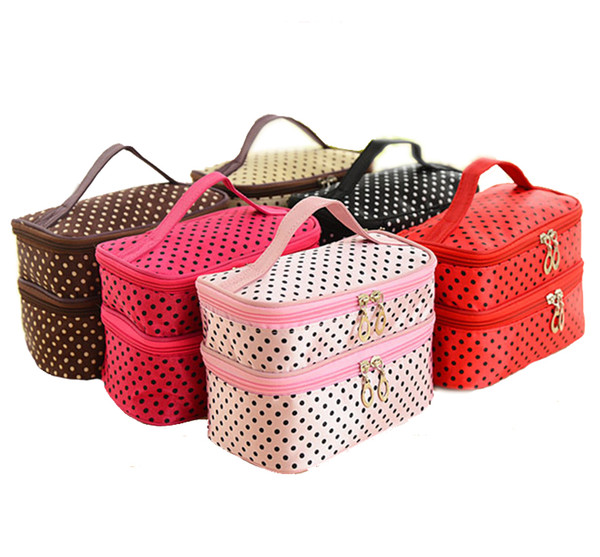 7 Colors Small Dots Lovely Double Layer Cosmetic Bag Makeup Case Pouch Travel Toiletry Storage Organizer