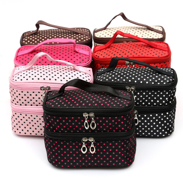 Small Dots Lovely Makeup Bag Portable Travel Storage Wash Bag Polyester Double Layer Cosmetic Bag for Lady's and Girls