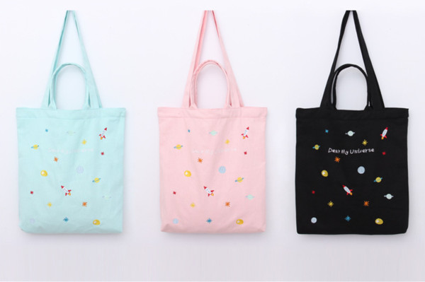 C01 cloth Korean embroidery canvas bag student canvas bag cartoon student package shopping package.Three color