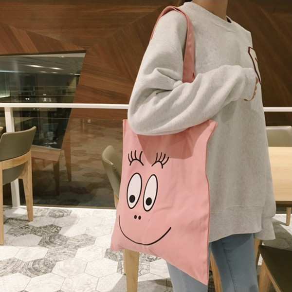 10pcs--South Korea baba dad pink canvas bag lovely student shopping bag single shoulder soft sister smiling face.