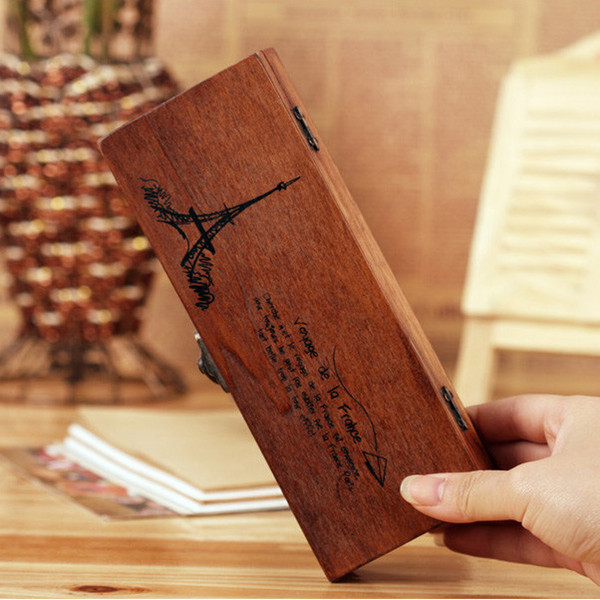 Free Shipping retro old wooden pencil box wood jewelry box wooden tower multifunctional stationery box Eiffel Tower