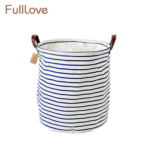 anvas Drawstring Laundry Storage Basket Blue Striped Handle Folding Clothes Toys Stationery Organizer Home Storage