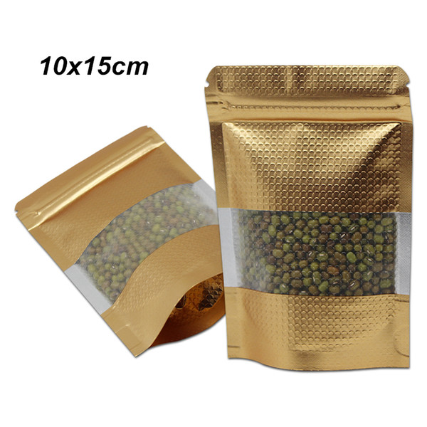 10x15 cm Gold 100pcs Stand Up Mylar Foil Embossed Zip Lock Bags with Window Aluminum Foil Resealable Food Pack Pouch Heat Seal Foil Baggies