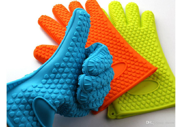 Silicone BBQ Gloves Insulated Kitchen Tool Heat Resistant Glove Oven Pot Holder BBQ Baking Cooking Mitts Five Fingers Anti Slip Dots 148g/pc