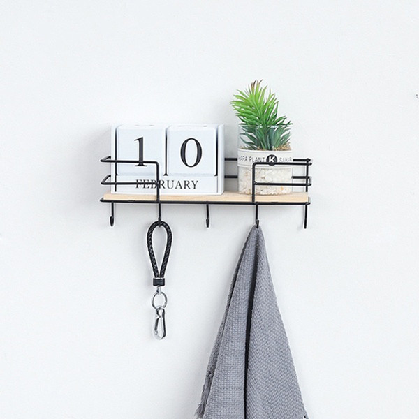 Nordic Modern Wall Hanging Shelf Wood Metal Iron Shelf Holder Storage Rack Wall Hanging Display Rack With Key Hook Home Art Decorative