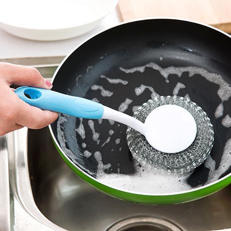 Kitchen Long Handle Cleaning Brush Steel Wire Ball Pan Scourer Hanging Scrub Bowl Cleaner High Quality Eco Friendly