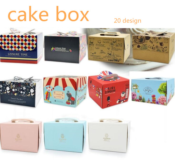 20 Designs Portable Cake Carriers With Cork Base 8 Inch/6 Inch Handle Bakery Cake Boxes Pastry Biscuit Mousse Bread Cookies Packaging Boxes