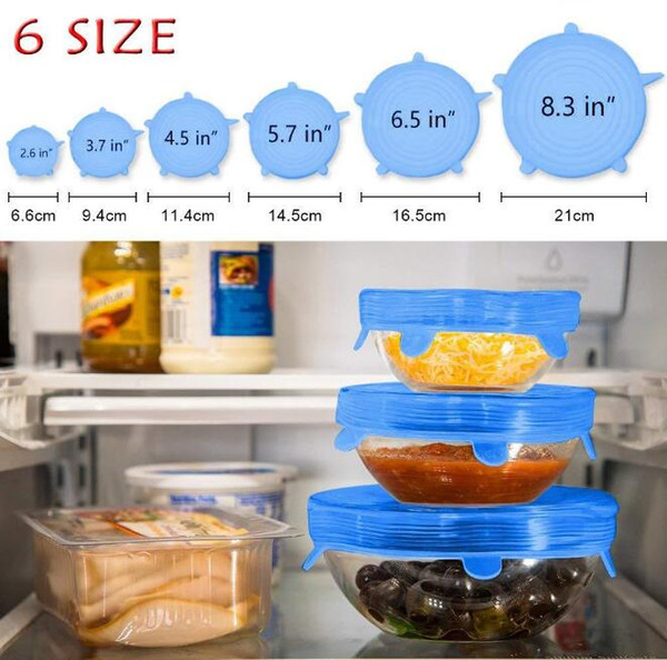 6PCS/SET Silicone Stretch Lids Suction Pot Reusable Fresh Keeping Wrap Seal Lid Pan Cover Kitchen Tools Accessories Free Shipping