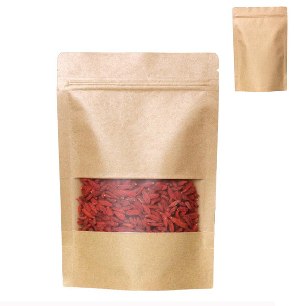 100pcs Reusable Grocery Bags Ziplock Stand Up Food Pouches Kraft Paper Bags with Matt Window FDA Barrier Bags for Beans Candy snack