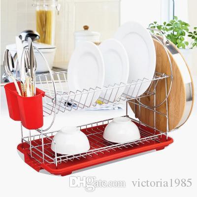 2 Tier red Iron Chrome Multifunction Bowl Plate Dish Cup Cutler Drainer Storage Shelf Rack Organizer Holder for Kitchen Storage Tool