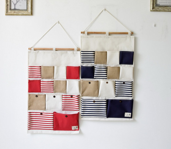 Cotton Linen Art 13-pocket Stripe Splicing To Receive Hanging Bag Wall Door Decorative Bag