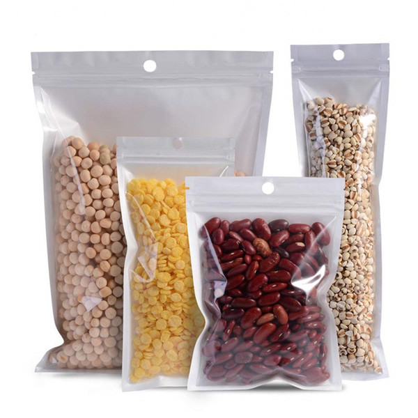 Front Clear Pearl White Bags Resealable Plastic Ziplock Bags with Hang Hole Tear Notch Pouch for Coffee Beans Candies Food Storage Wraps